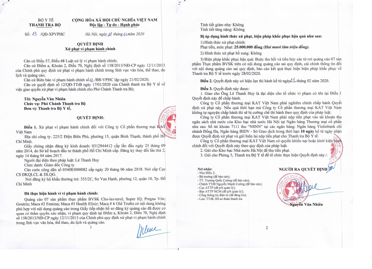 Thu hồi và tiêu hủy quảng cáo 7 thực phẩm BVSK của Công ty CP thương mại KAT Việt Nam